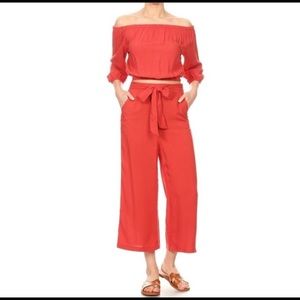 2 Pc Off Shouider Crop Top/Cropped Wide Leg Pant